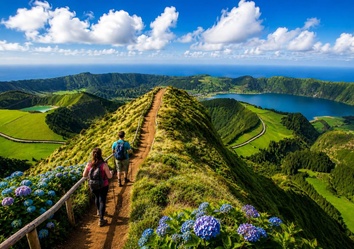 Wanderer auf dem Höhenweg von Sete Cidades mit Blick auf die Caldeira, die Kraterseen und die Vulkanlandschaft von São Miguel auf den Azoren.