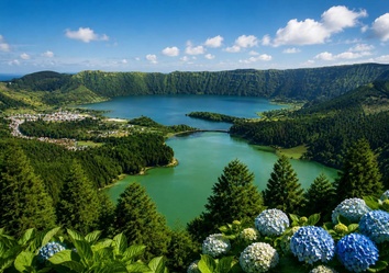 Panoramablick auf die Kraterseen Lagoa Azul und Lagoa Verde in Sete Cidades auf der Azoreninsel São Miguel